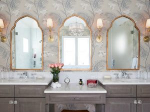 double vanity bathroom with wallpaper