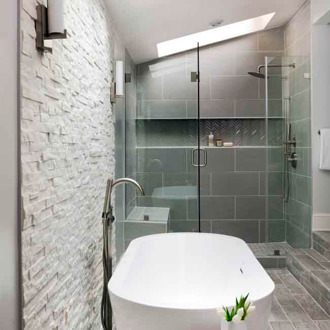 White Luxury Bathroom walk in shower and stand alone soaker tub, natural stone wall - Halifax Case
